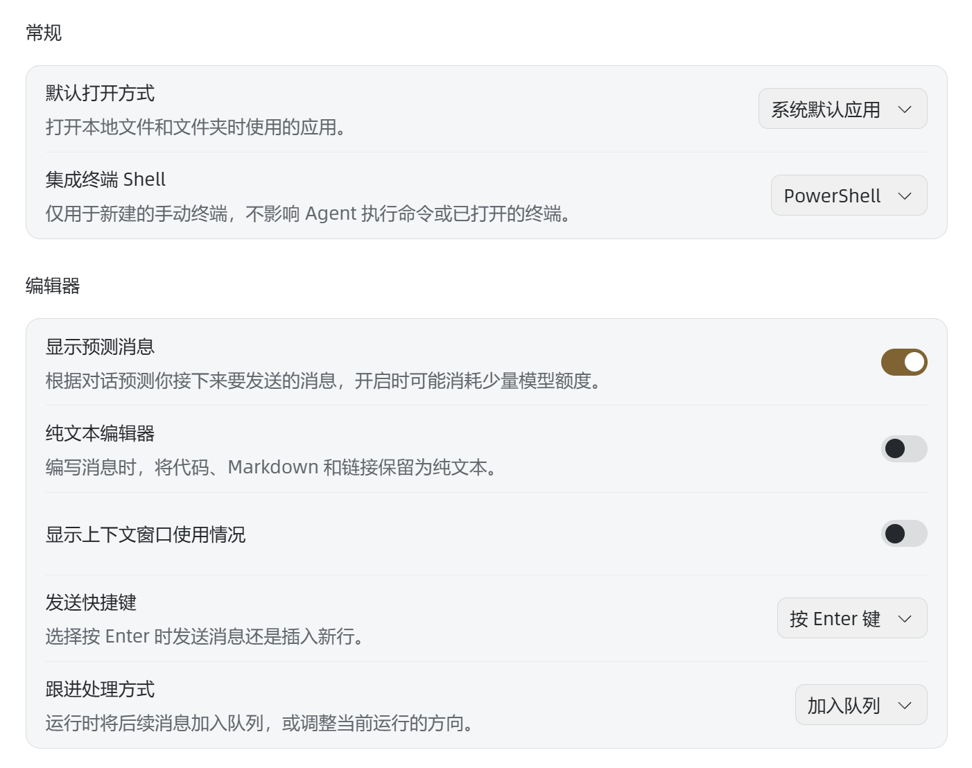 常规设置中的编辑器选项